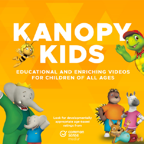 Text Kanopy Kids on an orange background surrounded by graphics of Babar the elephant, Franklin the Turtle and others