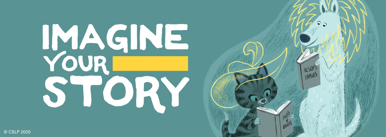 Illustrated dog and cat reading stories next to "Imagine Your Story" Logo on a green blue background