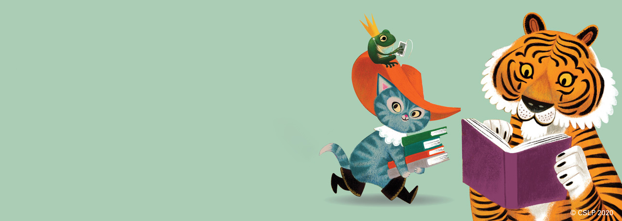 Illustrations of Puss in Boots, the frog prince and a tiger with books on a green background