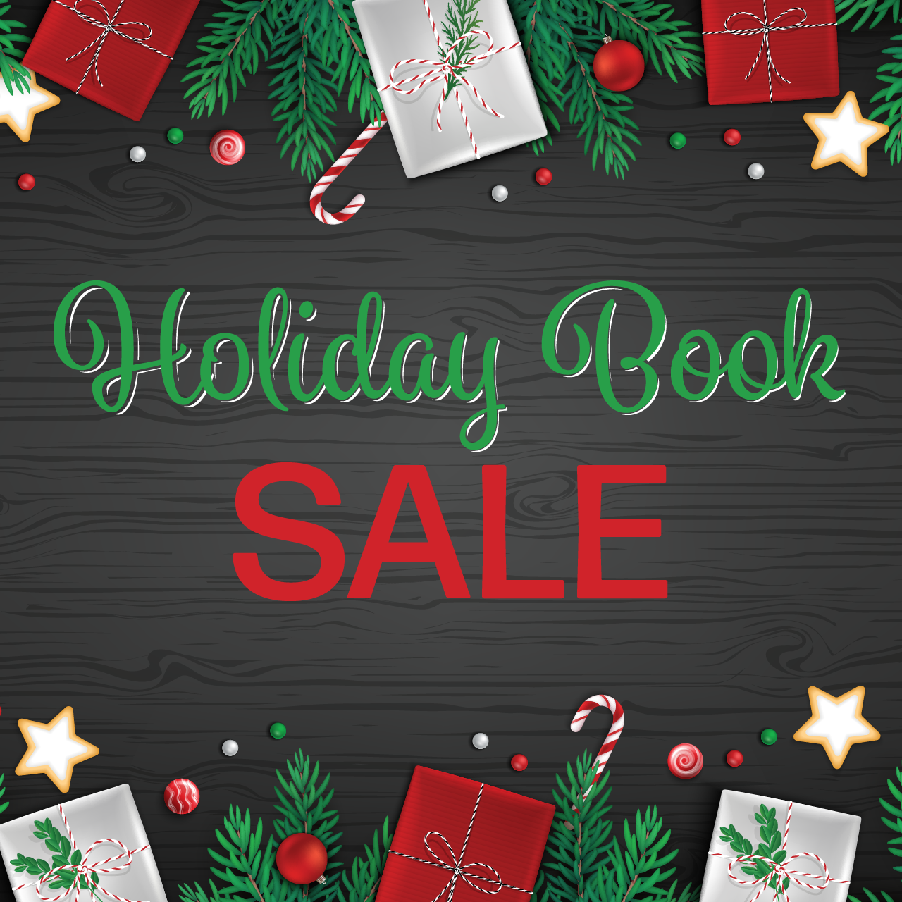 Holiday Book Sale graphic with presents, candy canes, pine branches, and ornaments.
